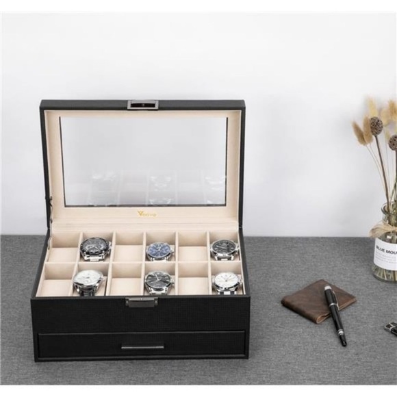 Jewelry Box for Men Women, 2 Layer Large 12 Slot PU Leather Watch Storage, Black - Picture 5 of 7